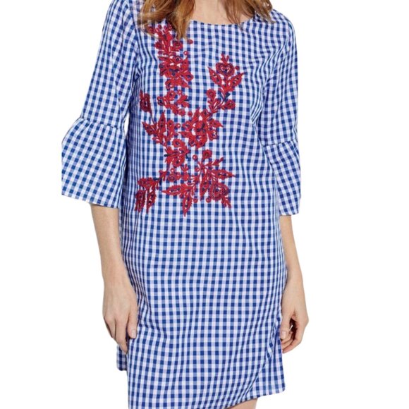 Chelsea & Theodore Dresses & Skirts - Chelsea & Theodore Gingham Blue White Floral Cotton Embroidered Dress Women's XL